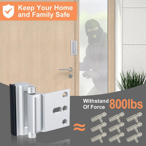 Straight Up Heavy Duty Double Pack Door Security Bolts With Three Inch Reinforced Steel Strike Plates That Offer An Ultra Tough Kick Resistant Eight Hundred Pound Shield Silver Finish close-up with securing features and reinforcement.