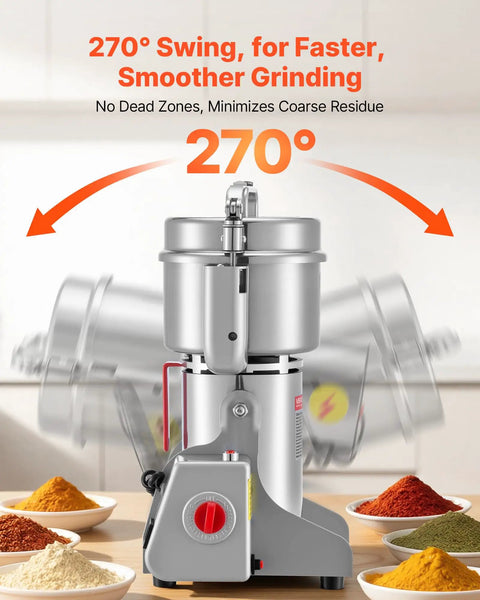 Electric Grain Mill Grinder High Speed 2000W Stainless Steel Pulverizer with 270° swing for dry grains and spices