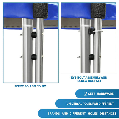 Image of Top Shelf Trampoline Curved Net Pole Replacement Set showing screw and eye-bolt assembly details for universal fit.