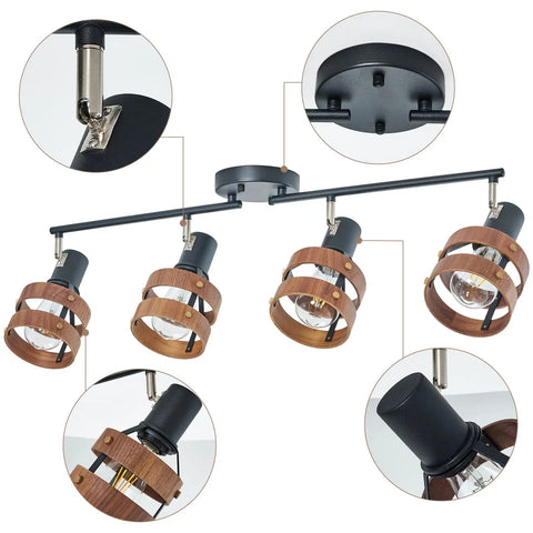 Four Head Black Track Lighting With E26 Sockets Adjustable Spotlight Heads And Wood Accent Dope Farmhouse Vibe Modern Ceiling Light
