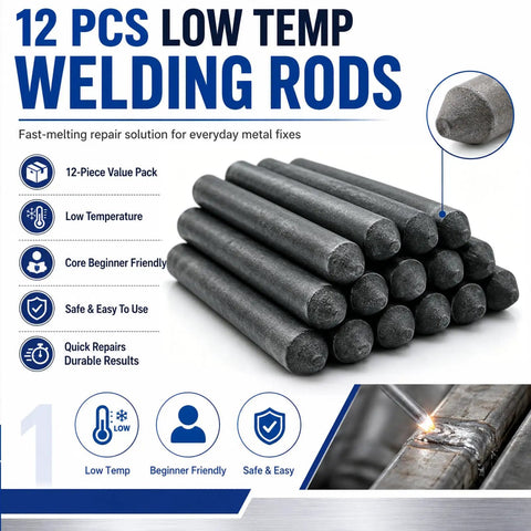 Low Temperature Universal Welding Rod Kit for DIY Brazing and Soldering, 12pc set, stacked rods close-up and usage demonstration.