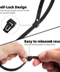 Close-up of hands demonstrating the easy-to-release lock of a 100 Pcs 8 Inch Heavy Duty Zip Ties 40 Lbs Tensile Strength Releasable And Reusable Nylon PA66 Self Lock Cable Ties For Garden Plants Vines And Home Office Projects.