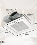 Whisper Quiet Dual Speed Ceiling And Wall Mount Bathroom Exhaust Fan With DC ECM Motor And SmartFlow Technology, 30 To 100 CFM shown with dimensions