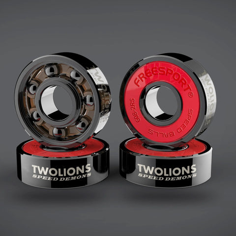 Twolions 608RS black ceramic bearings with red inner race, pair shown for inline skates, skateboards, scooters 8-pack