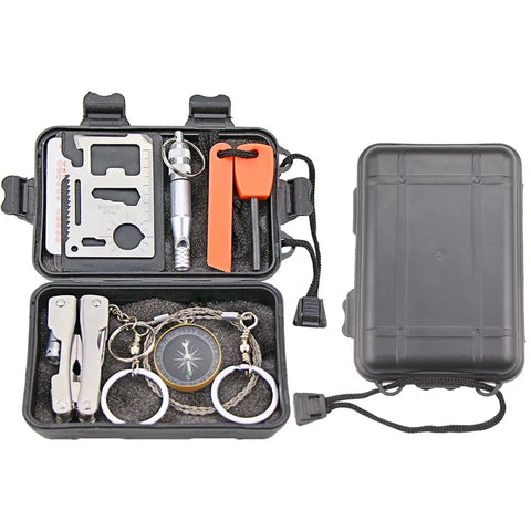 Six In One Waterproof Survival Gear Kit For Camping Hiking Travel And Adventures With Stainless Steel Tool Card Fire Starter Compass
