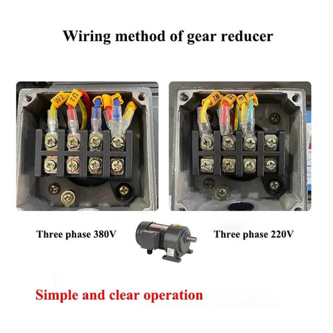 Wiring method for Heavy Duty Three Phase Gear Reducer Motor 380V showing 220V output connections and clear operation details.