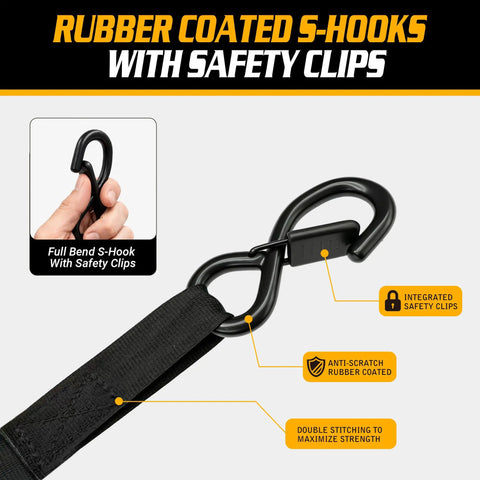 Rubber coated S-hooks with safety clips on Tough Built Retractable Ratchet Straps For Heavy Duty Cargo Hauling.