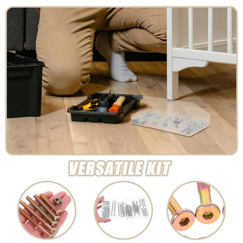 Person assembling furniture with 49 Piece M6 Hex Socket Drive Screws and Barrel Nuts Set, tray of tools and fasteners visible