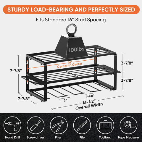 Diagram showing dimensions and 100lb weight capacity of Heavy Duty Tool Organizer Rack For Garage Wall Mounted Drill Storage With Charger Shelf.