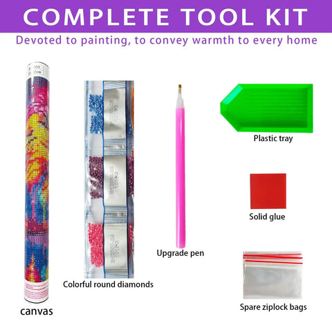 Complete toolkit for 5D Diamond Painting Kit For Beginners With Ancient Tree Full Drill including canvas, diamonds, pen, and tray.