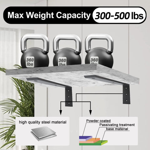 Heavy Duty Countertop Support Brackets 3 Pack L Shape Mantel Corbels For Granite Quartz Wood Concrete Laminate showing weight capacity 300-500 lbs.
