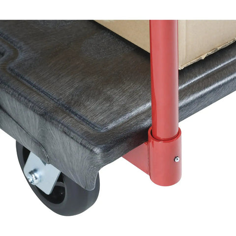 Close-up of the black textured deck and red steel handle of the Rock Solid 36 by 24 Inch Platform Truck Rated for 1000 Pounds.