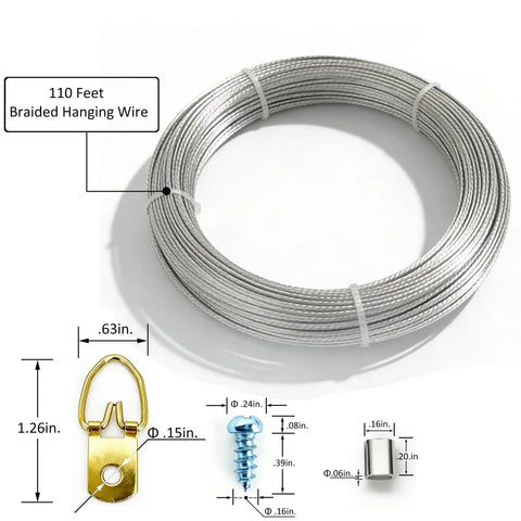 Heavy Duty Picture Hanging Wire Kit With 110 Feet Braided Wire 60 D Ring Hangers Screws And Aluminum Crimp Sleeves products