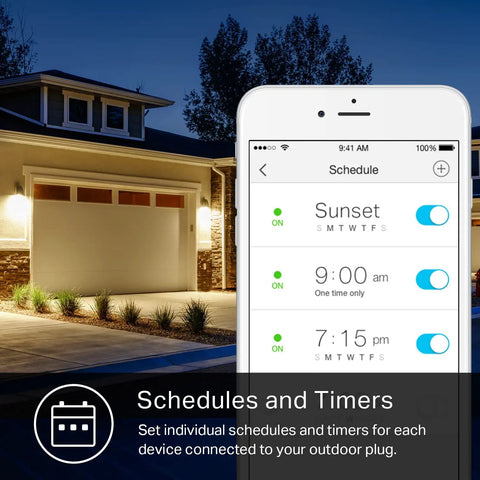 Heavy Duty Outdoor Wi-Fi Smart Plug With Dual Sockets shown on phone setting timers for backyard automation lighting.