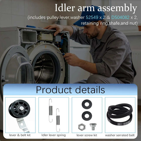 Technician assembling washer using Washing Machine Idler Gear Kit Replacement Part 959P3 with components shown.