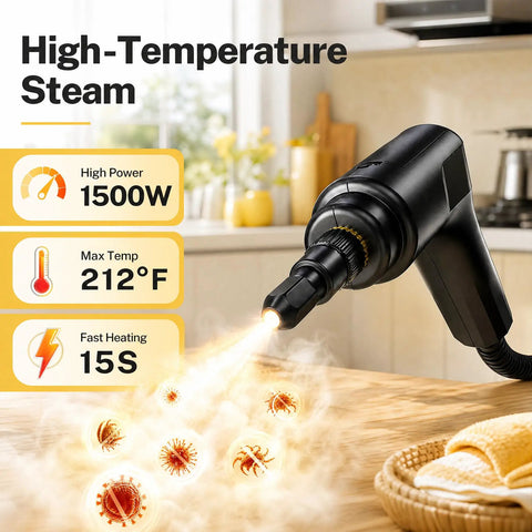 Odsd Handheld Steam Cleaner With 3 Level Steam Control For Home And Car Deep Cleaning Upholstery Tile Grout Heavy Duty Hot Vapor Mop Easy Handle Adjustment, emitting high-temperature steam from nozzle.