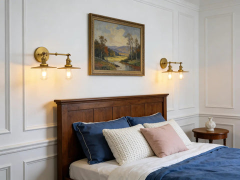 Bedroom with Two Light Wall Sconce With Antique Finish Bathroom Vanity Light Switch Included And Dual 7.87 Inch Flat Metal Lampshades