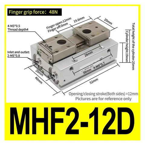 Heavy Duty Low Profile Air Cylinder And Parallel Gripper Compatible With Mhf Series Systems Smooth Rail Slide Action dimensions and grip details.