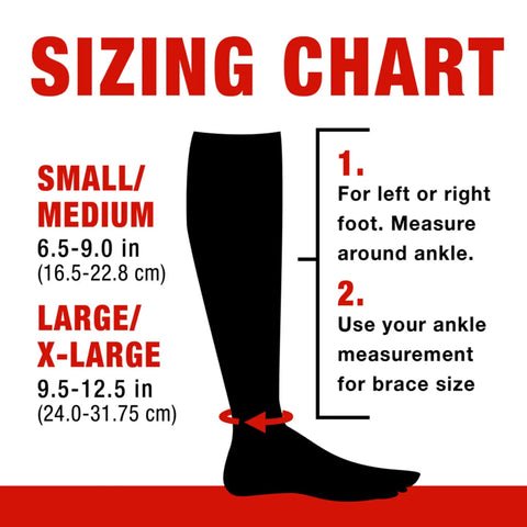 Sizing chart for Compression Ankle Support Sleeve For Sprains And Strains, size Large and XL, instructions for measuring.