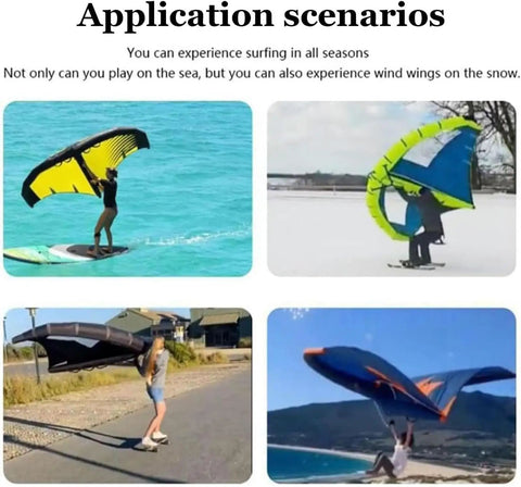 Four scenarios using Dope Portable Inflatable Windsurfing Wing With Window For Wingfoiling And Kite Surfing on water and snow.