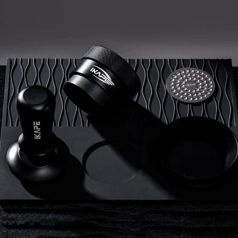 58Mm Espresso Tool Kit 6 In 1 with tamper, distributor, funnel, puck screen on silicone mat for even, consistent espresso
