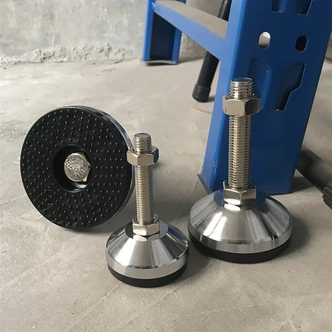 Four Pack M16 Heavy Duty Adjustable Leveling Feet With 80mm Base For Home, Office, Workshop And Kitchen Tables, Chairs, Shelves And Machinery, Rubber Cushioned Anti Slip Feet, Floor Safe, Carbon Steel Screws. M16 adjustable leveling feet with 80mm bases on workshop machinery