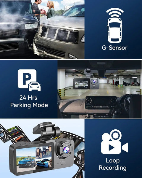 Three Channel 4K Front Dash Cam With Interior And Rear 1080P Cameras showing G-Sensor, parking mode, and loop recording features.