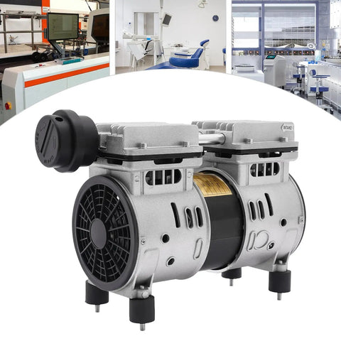 Industrial Oil Free Piston Vacuum Pump Air Compressor 370W double cylinder design with filter, ideal for labs and workshops.