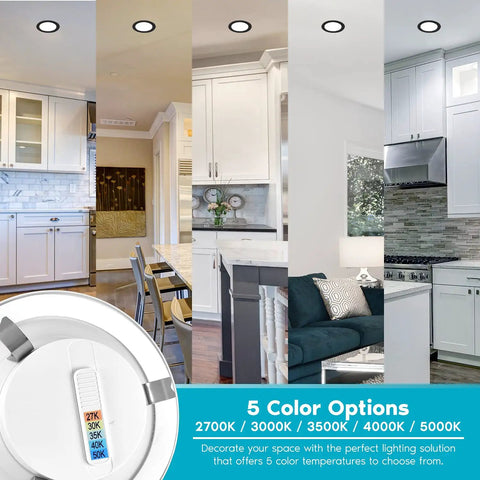 Go-To 4 Inch LED Recessed Can Lights Dimmable Downlights With CCT Switch 2700K To 5000K, 750 Lumens, shown in various room settings