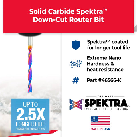 Beefy Foam Cutting Down-Cut Spiral Router Bit with Spektra coating, emphasizing longer tool life and Made in USA.