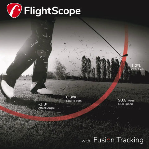 Golfer using X3C Carbon Golf Launch Monitor And Simulator With Full Tracking Radar From Impact To Landing, displaying data metrics.