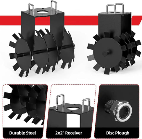 ATV UTV Towed 32 Inch Heavy Duty Disc Harrow with Universal 2 Inch Hitch shown in durable steel, featuring 4 metal discs.