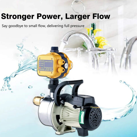 Three Quarters Horsepower Water Pressure Booster Pump with Smart Controller and water flow background