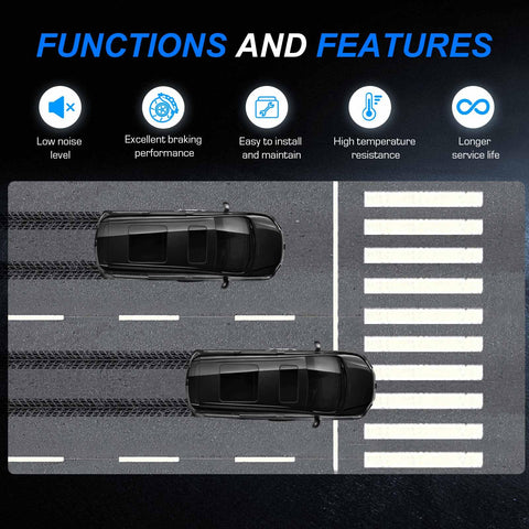 ILONPA 8‑pc front/rear disc brake pad set with hardware for Chevy Silverado and GMC Sierra (top-down view of two black SUVs)