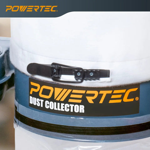 Close-up of POWERTEC branded 1 HP Dust Collector With 1 Micron Bags And Mobile Base, 800 CFM Woodshop Dust Collection System