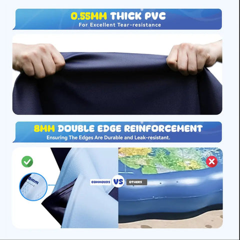 Epic Non Slip Splash Pad For Kids And Pets Thickened Sprinkler Pool Play Mat For Backyard Summer Fun Outdoor Water Toy For Baby And Toddler Safety 67 Inch Wide showcasing thick PVC material and 8mm reinforced seams.