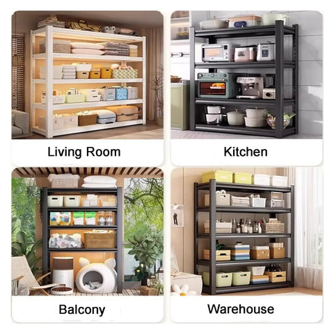 Beefy Six Tier Heavy Duty Metal Shelving Rack With No Sweat No Screw Snap Together Assembly For Clutter Free Garage Pantry Basement Or Home Office Storage in living room, kitchen, balcony, and warehouse settings.