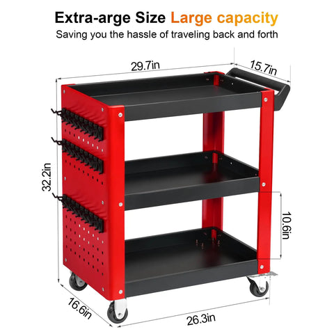Heavy Duty 3 Tier Rolling Tool Cart Built Tough As Nails For Mechanics And Garage Shops Rock Solid Alloy Steel Frame With 1000 Lb Max Load Capacity Red Black with measuring dimensions displayed.