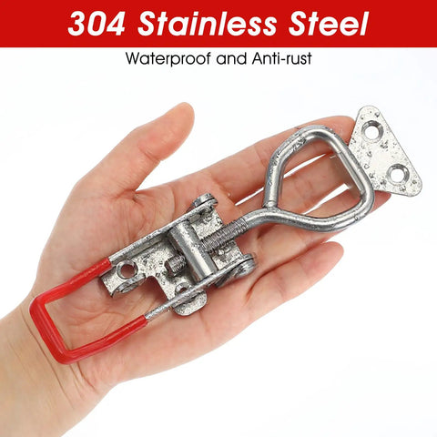 Heavy Duty Toggle Latch Clamp Set With Lock Holes, 304 Stainless Steel shown in hand, adjustable design.