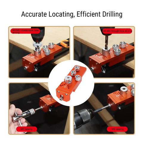 Heavy Duty Aluminum Drill Guide Tap Jig For Straight Shooting Thread Tapping And Reliable Industrial Machinery Assembly Projects That Get Done Right Every Single Time, orange jig showing M6/M8 countersunk hole and through hole drilling.