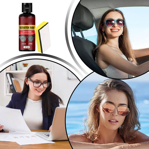 Lens Scratch Remover For Glasses And Eyewear 30g Multi Use Cleaner for lenses, shown in use with glasses, sunglasses, and goggles.