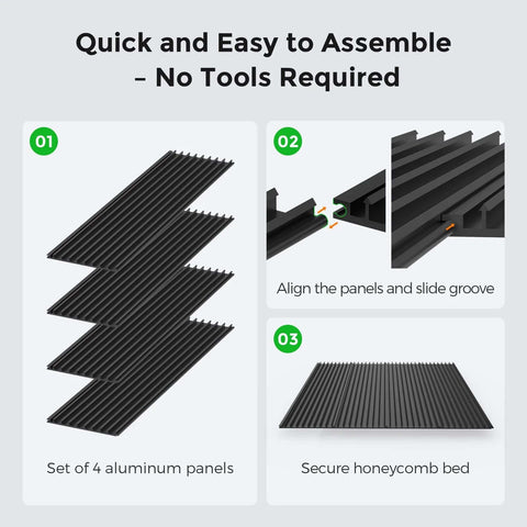 Cloudray 400x400mm honeycomb laser bed panels, set of 4 aluminum, black with alignment grooves.