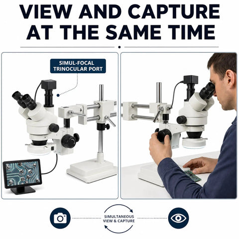 Trinocular Stereo Zoom Microscope 3.5X To 90X With Dual Arm Boom, 45 Degree Inclined Head Rotates 360, simul-focal port shown with monitor