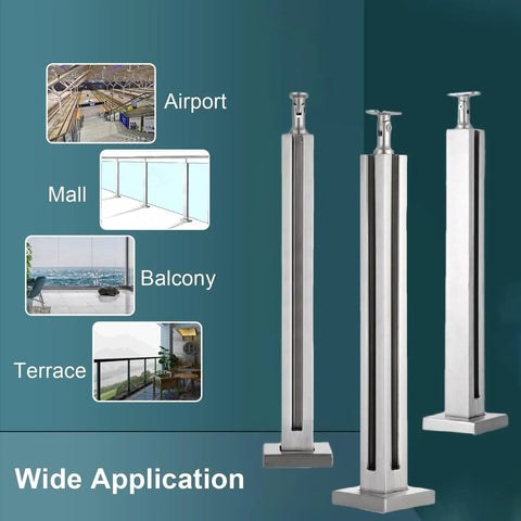 Stainless steel safety posts displayed for balcony, terrace, mall, and airport applications showcasing wide use.