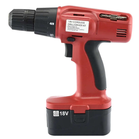 Heavy Duty 18V Cordless Drill Packing Kickass Torque And A Smooth 600 Rpm Reversible Motor For Zero Hassle All Purpose DIY Home Improvements And Shop Repairs shown from side view with visible clip and battery.