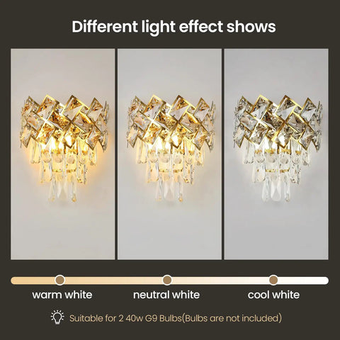 Luxury Gold Wall Sconce With Crystal K9 Accent showing warm, neutral, and cool white light effects, stainless steel frame.