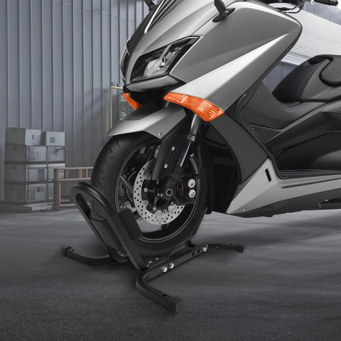Heavy Duty Motorcycle Front Wheel Chock Hella Sturdy 1500 Lbs Capacity Fits 17 To 21 Inch Tires Black Steel in garage.