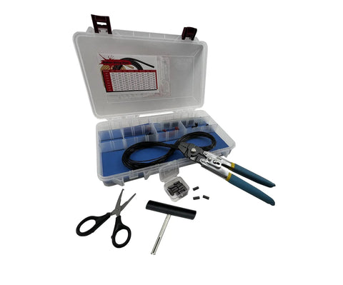 Speargun Rigging And Repair Kit For Grab And Go Spearfishing Tool Box With Lighter And Scissors, stainless scissors and tools in box.