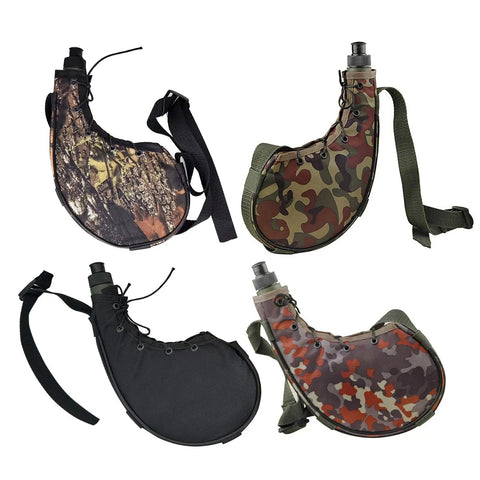Leakproof Outdoor Water Bottle With Oxford Cloth Canteen in camouflage and black for camping, backpacking, and hiking