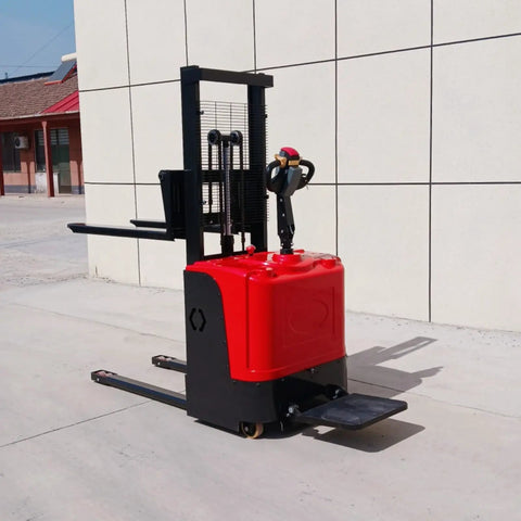 The Ultimate Full Electric Walkie Pallet Stacker With 1000kg Or 1500kg Capacity And A Smooth 3000mm Lift Height showcasing its red and black design.